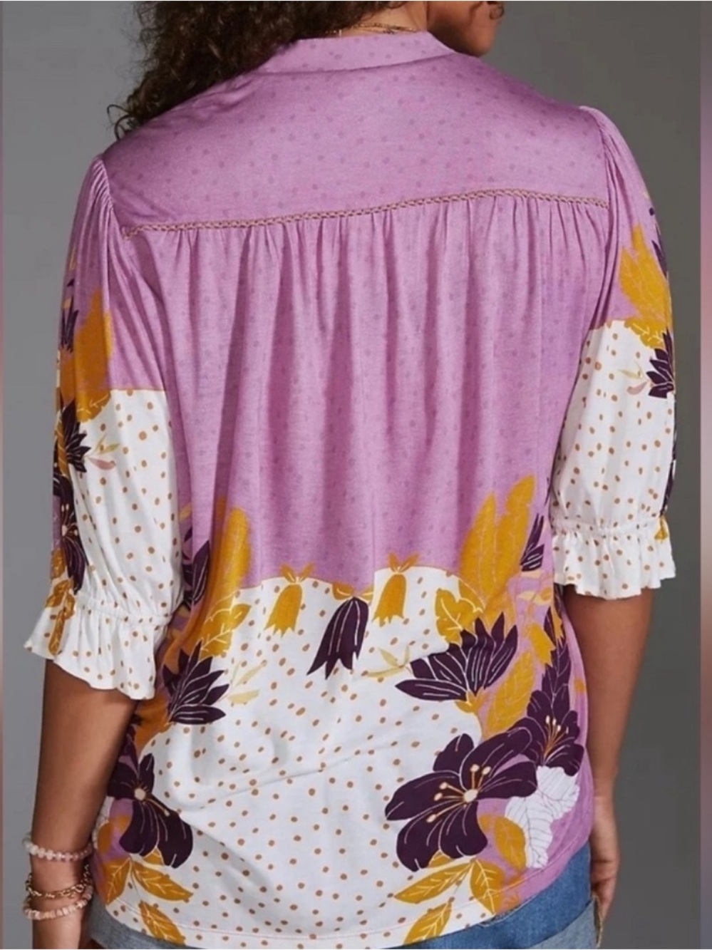 Anthropologie Lavender & Mustard Floral V-Neck Tunic - Picture 2 of 5